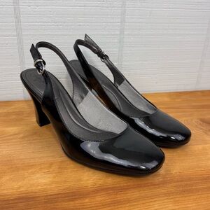 Life Stride Flex Patent Black Closed Toe Slingback Block Heels Buckle Cushioned